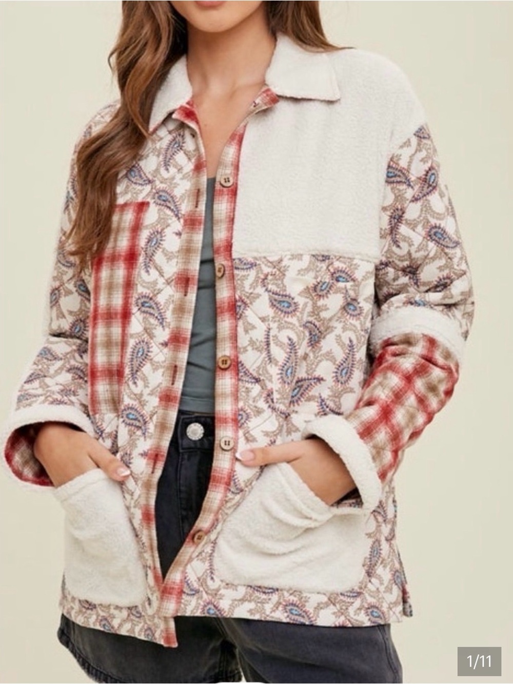 Oversized Floral Print Contrast Cotton Jacket. Medium. - Picture 12 of 12